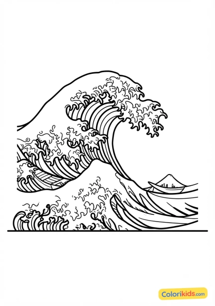 Coloriage à imprimer : vague japonaise retravaillée avec des motifs de lignes ondulées