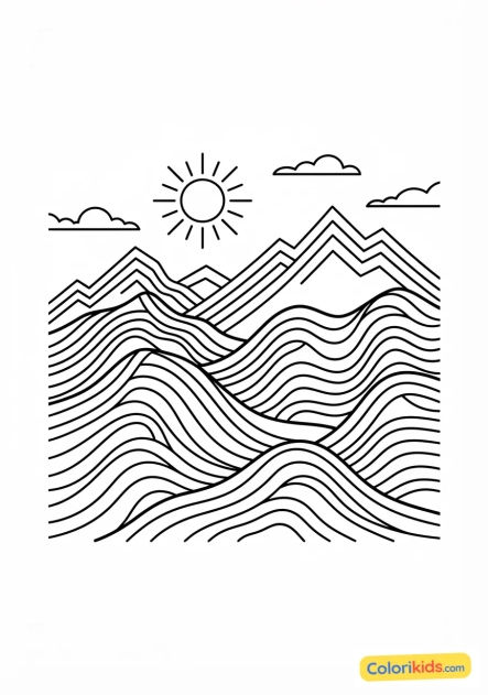 Printable coloring page: landscape of stylized mountains in parallel lines and waves
