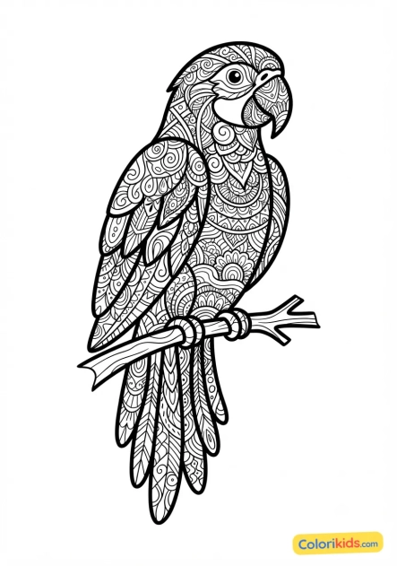 Coloriage à imprimer : papegaai majestueux formé de motifs zentangle complexes