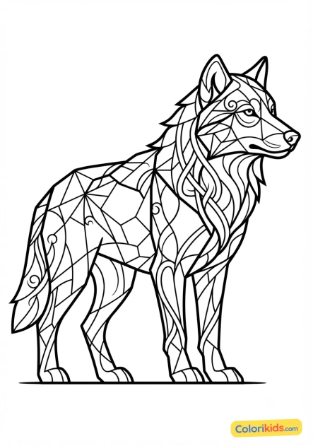 Coloriage à imprimer : loup majestueux dessiné en polygones et lignes entrelacées