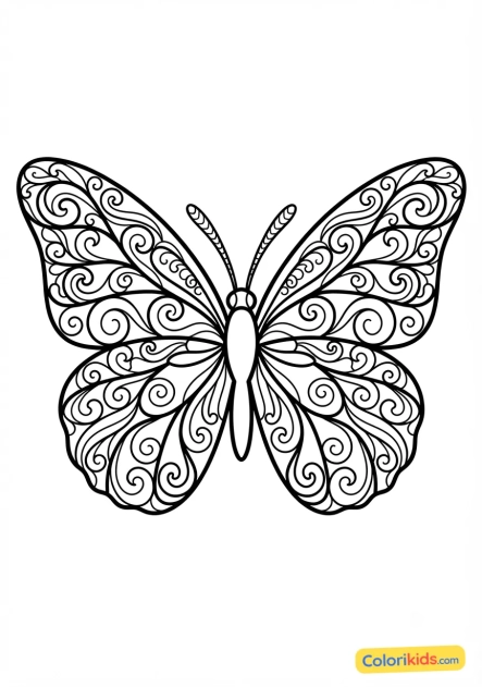 Coloriage à imprimer : papillon monarque aux ailes couvertes d'arabesques fluides