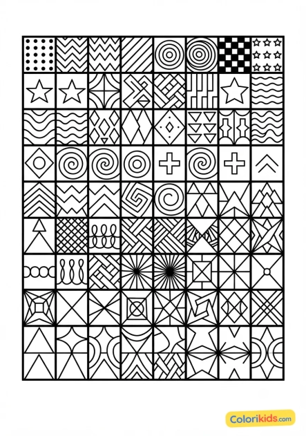 Coloriage à imprimer : mosaïque de carrés remplis de motifs optiques et graphiques