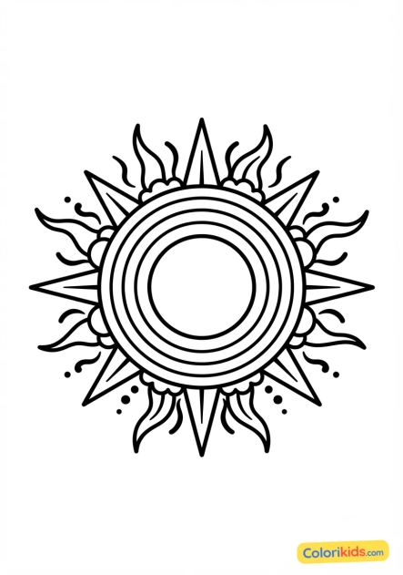 Coloriage à imprimer : soleil mystique composé de rayonnements et de cercles concentriques