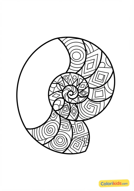 Coloriage à imprimer : coquillage Nautilus révélant des motifs de spirales géométriques
