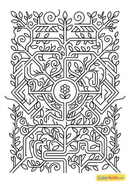 Coloriage à imprimer : labyrinthe végétal composé de branches et de motifs linéaires
