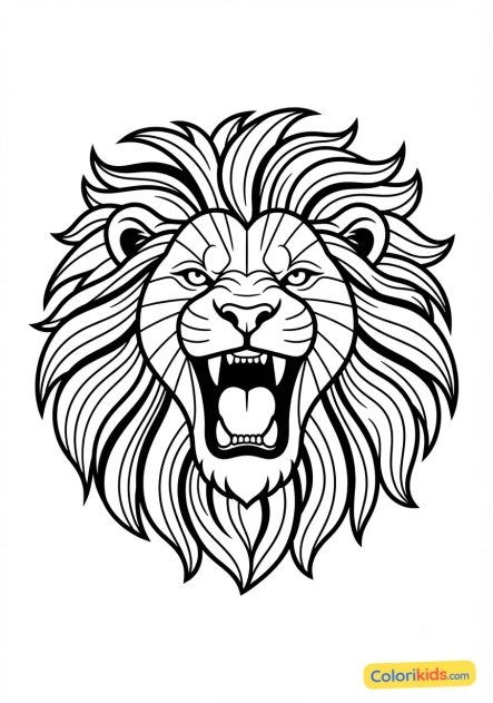 Coloriage à imprimer : tête de lion rugissant faite de lignes de force et de rayures