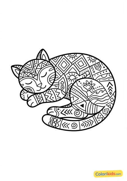 Coloriage à imprimer : chat endormi dessiné avec des motifs ethniques et tribaux