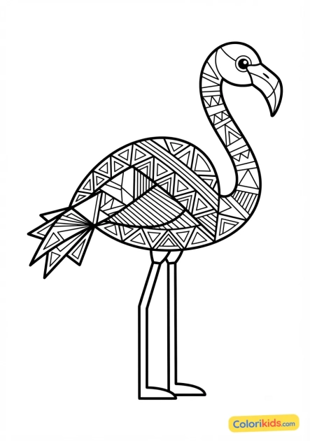 Coloriage à imprimer : flamant rose stylisé aux plumes dessinées en triangles et lignes