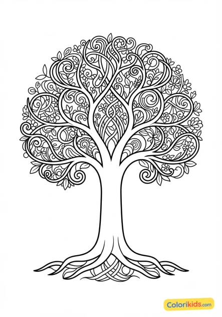 Coloriage à imprimer : arbre de vie aux branches dessinées en dentelle de lignes