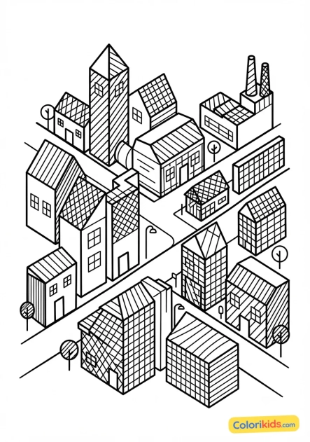 Coloriage à imprimer : paysage urbain en perspective cavalière couvert de hachures