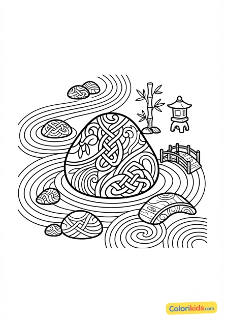 Coloriage à imprimer : jardin zen aux galets recouverts de motifs entrelacés