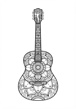 Voir le coloriage Guitare acoustique couverte de motifs de mandalas et zentangle