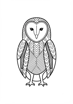 Voir le coloriage Chouette effraie aux plumes ornées de chevrons et hachures