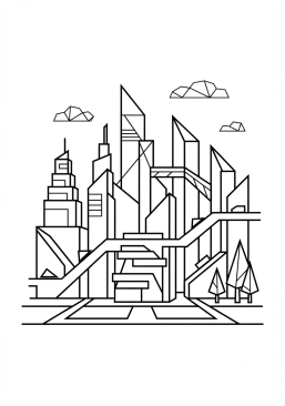 Voir le coloriage Ville futuriste dessinée uniquement avec des lignes droites et angles