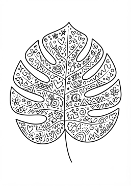 Voir le coloriage Feuille de monstera géante remplie de gribouillages graphiques