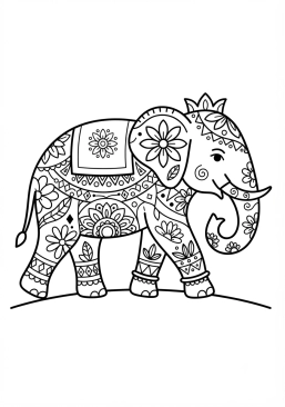 Voir le coloriage Éléphant indien recouvert de motifs floraux et géométriques