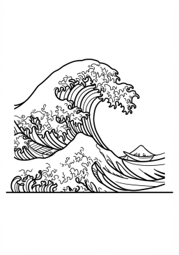 Voir le coloriage Vague japonaise retravaillée avec des motifs de lignes ondulées