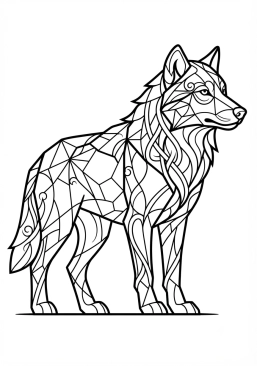 Voir le coloriage Loup majestueux dessiné en polygones et lignes entrelacées