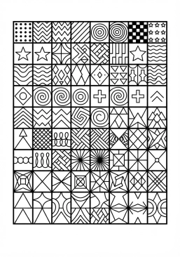 Voir le coloriage Mosaïque de carrés remplis de motifs optiques et graphiques