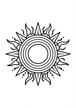 Voir le coloriage Soleil mystique composé de rayonnements et de cercles concentriques