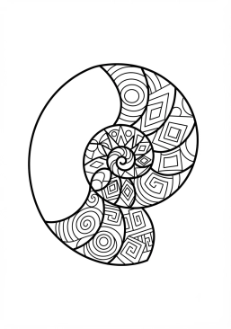 Voir le coloriage Coquillage Nautilus révélant des motifs de spirales géométriques