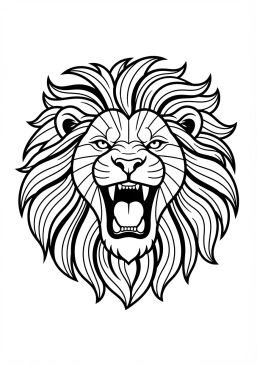 Voir le coloriage Tête de lion rugissant faite de lignes de force et de rayures