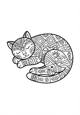 Voir le coloriage Chat endormi dessiné avec des motifs ethniques et tribaux