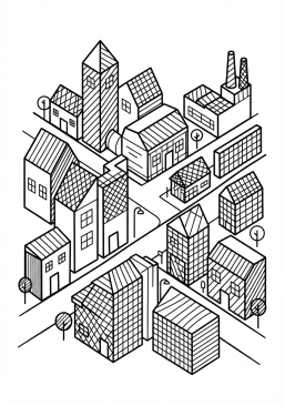 Voir le coloriage Paysage urbain en perspective cavalière couvert de hachures