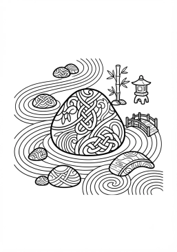 Voir le coloriage Jardin zen aux galets recouverts de motifs entrelacés