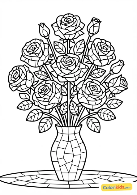 Coloriage à imprimer : bouquet de roses éternelles aux pétales de céramique vernissée