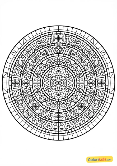 Coloriage à imprimer : mandala en mosaïque byzantine aux reflets dorés et chatoyants