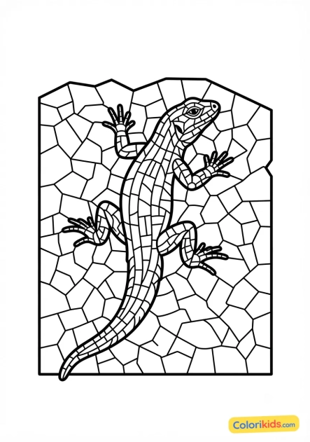 Coloriage à imprimer : lézard coloré grimpant sur un mur de pierres en céramique
