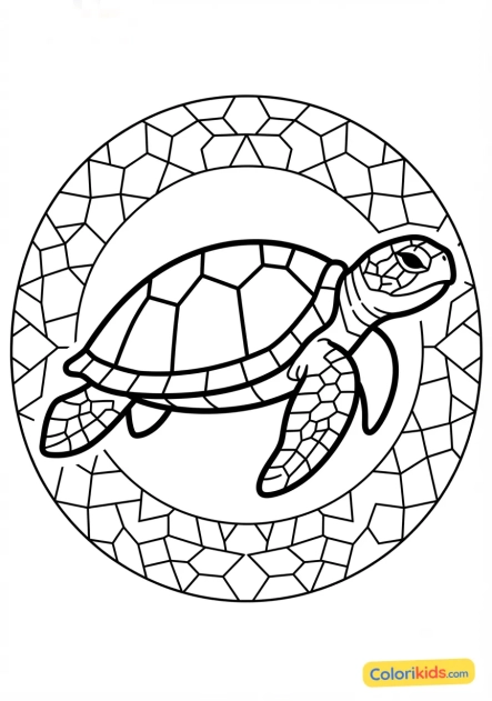Coloriage à imprimer : tortue marine colorée nageant parmi des carreaux de faïence