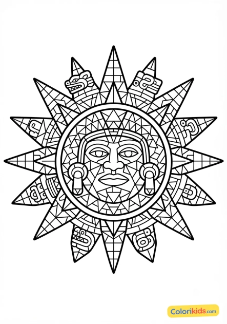 Coloriage à imprimer : soleil aztèque flamboyant fait de milliers de petits carreaux