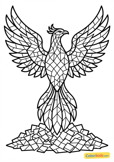 Coloriage à imprimer : phoenix flamboyant renaissant de ses cendres de céramique