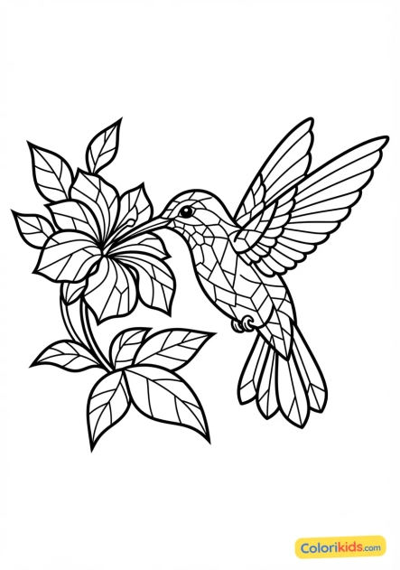 Coloriage à imprimer : colibri butinant une fleur exotique en éclats de verre