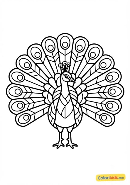 Coloriage à imprimer : magnifique paon en mosaïque aux plumes bleues et vertes étincelantes