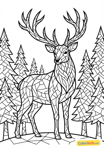 Coloriage à imprimer : cerf majestueux dans une forêt de pins en mosaïque