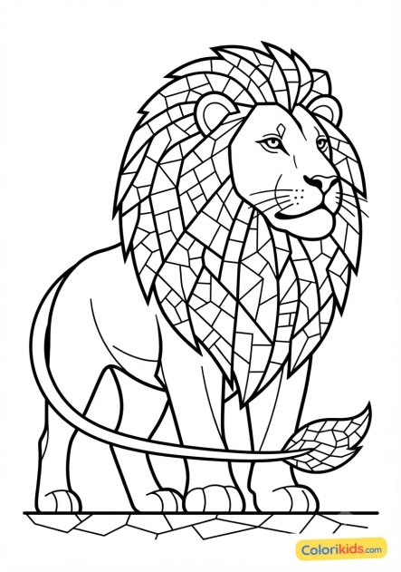 Coloriage à imprimer : lion majestueux à la crinière composée de multiples carreaux