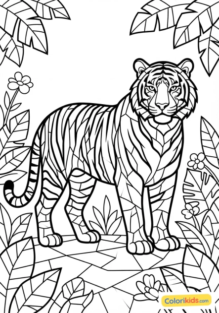 Coloriage à imprimer : tigre majestueux dans la jungle aux détails de carrelage