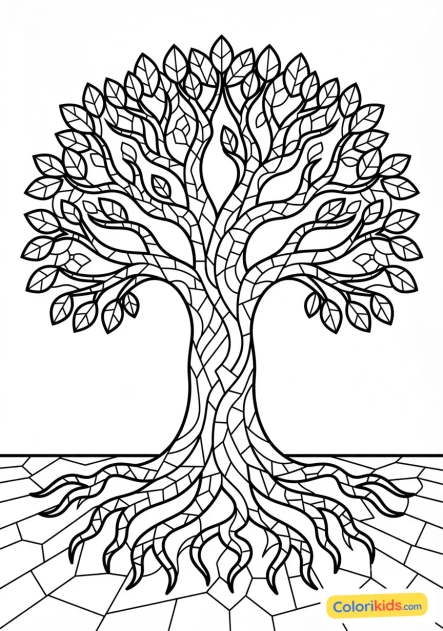 Coloriage à imprimer : arbre de vie majestueux aux racines et feuilles de verre coloré