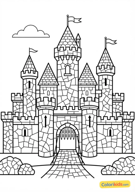 Coloriage à imprimer : château fort médiéval aux murs de pierres en mosaïque