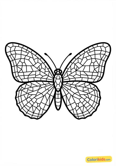 Coloriage à imprimer : papillon monarque aux ailes déployées en tesselles colorées