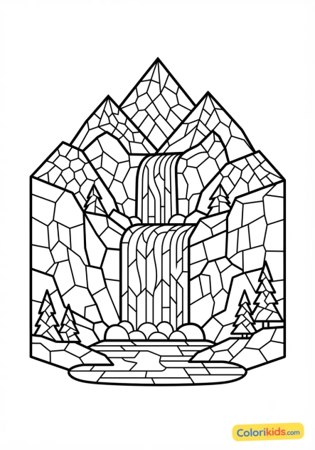 Printable coloring page: mountain waterfall flowing between earthenware rocks