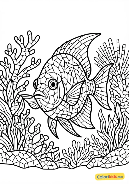 Coloriage à imprimer : poisson tropical multicolore nageant dans un récif de faïence