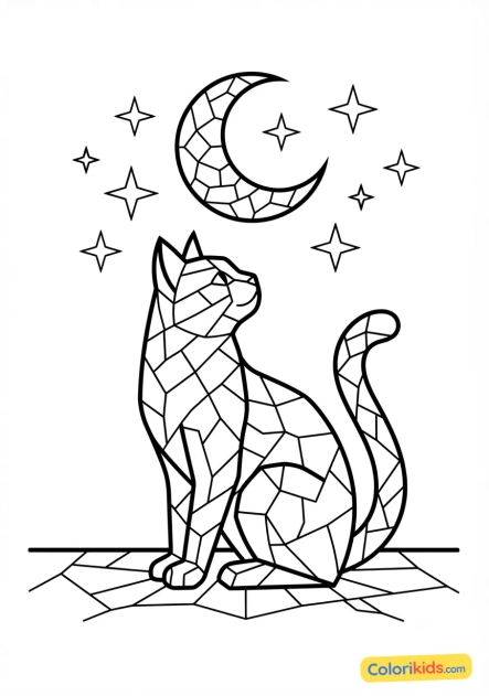 Coloriage à imprimer : chat mystérieux assis sous la lune dans un style de mosaïque romaine