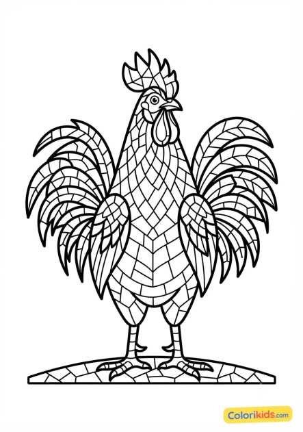Coloriage à imprimer : coq fier et coloré aux motifs de mosaïque traditionnelle