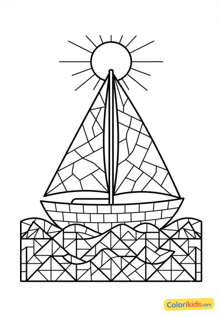 Coloriage à imprimer : voilier naviguant sur des vagues de tesselles bleues et blanches