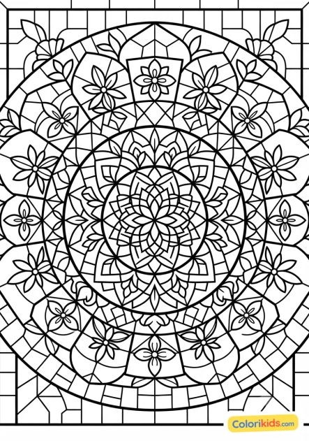 Coloriage à imprimer : mandala floral symétrique aux motifs de carreaux hydrauliques