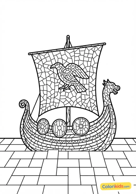 Coloriage à imprimer : bateau viking voguant sur une mer de carreaux de céramique